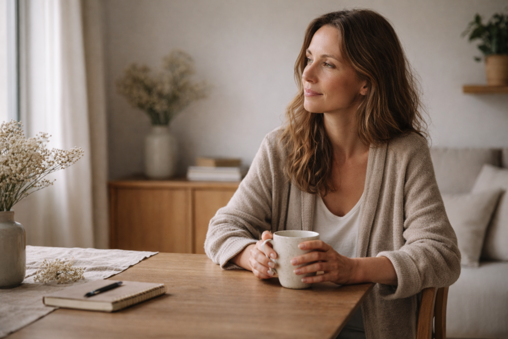 Mujer adulta reflexiva sentada en casa con una taza, luz natural suave y ambiente sereno en tonos neutros.