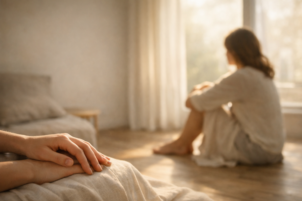 Mujer sentada en silencio junto a una ventana, con las manos en reposo, bañada por la luz suave de la mañana.