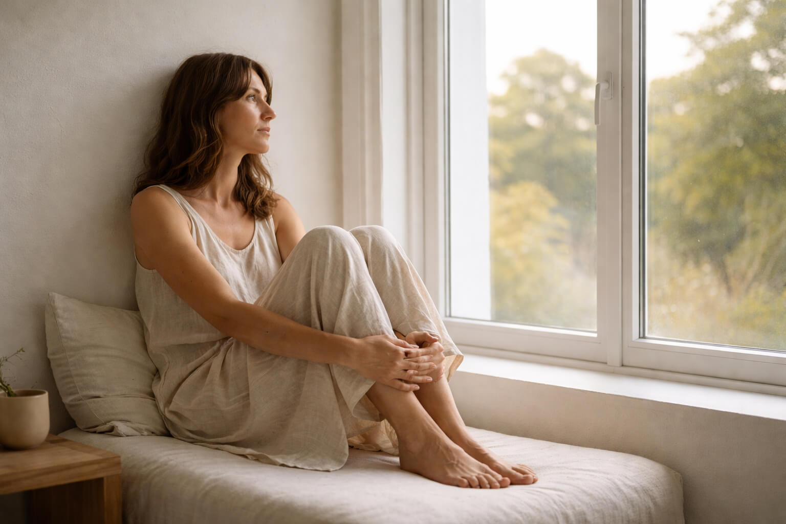 Mujer sentada junto a una ventana, en un interior minimalista y luminoso, en una pausa silenciosa de introspección