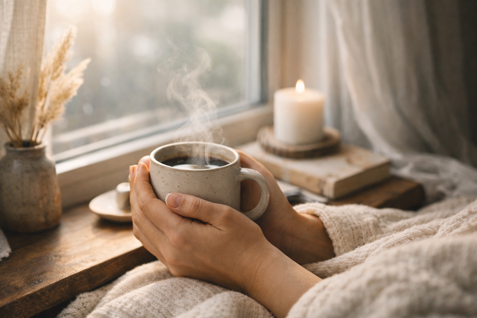 Manos sosteniendo una taza caliente junto a una ventana, envueltas en una manta suave, en un momento de pausa y silencio interior.