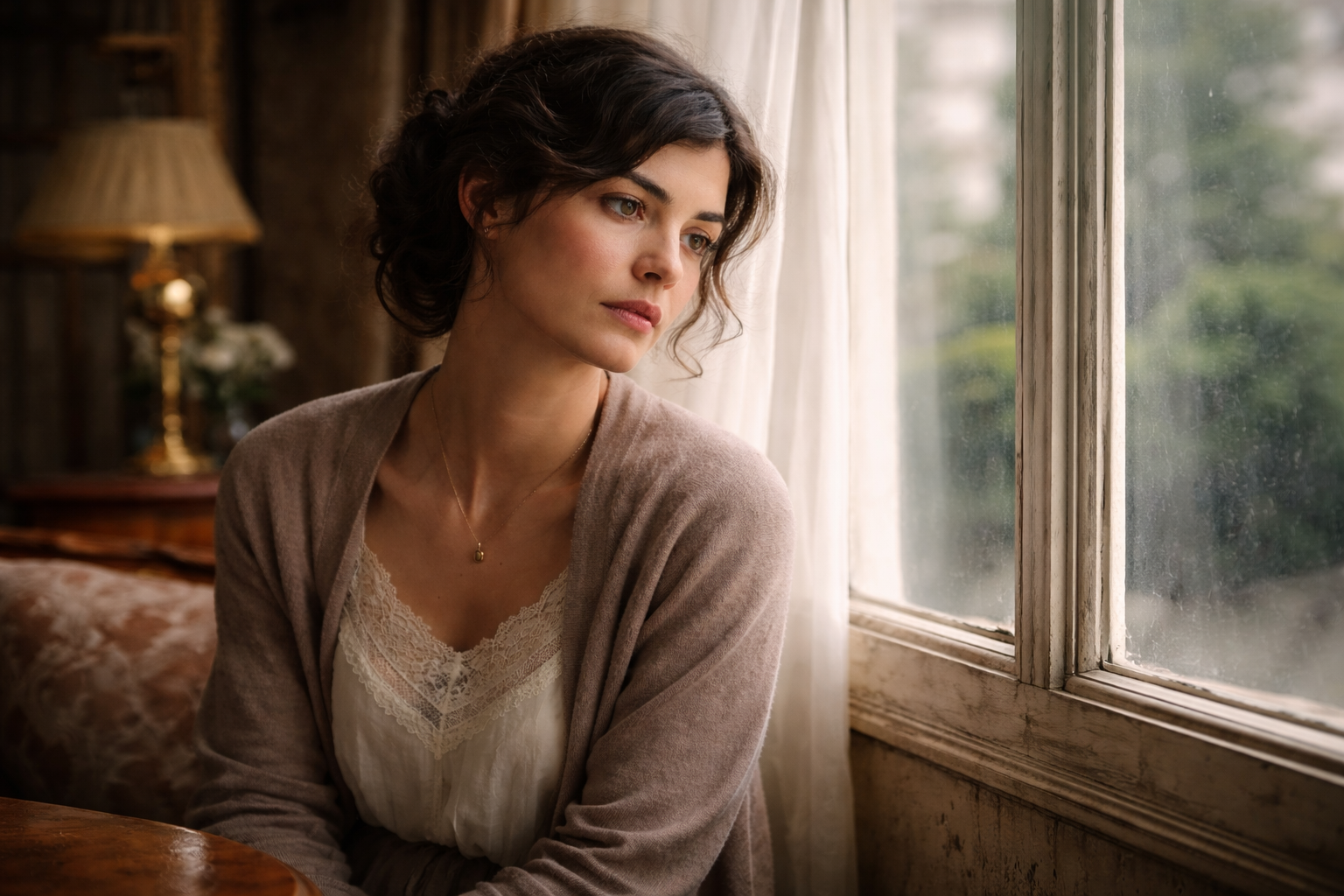 Mujer sentada junto a una ventana, pensativa, en un interior burgués de principios del siglo XX, envuelta en una atmósfera de quietud y contención emocional.