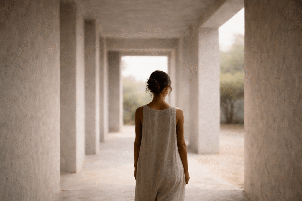 Mujer caminando en silencio por un espacio arquitectónico minimalista en tonos beige, imagen conceptual del proceso interior de Amazonas.