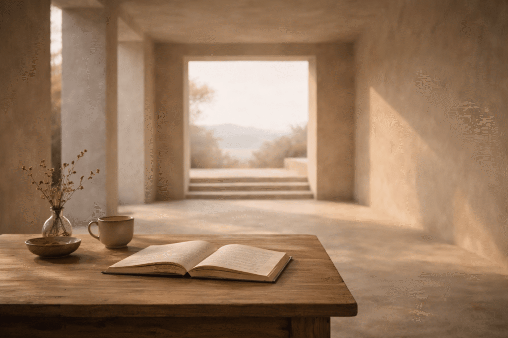 Libro abierto sobre mesa de madera con luz natural entrando por una ventana, escena minimalista asociada a la lectura de Amazonas.