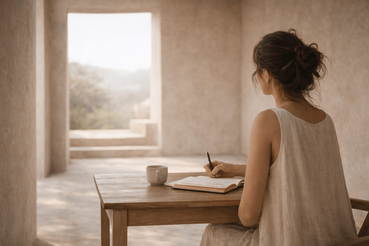 Mujer escribiendo en un cuaderno junto a una ventana con luz natural cálida, escena editorial inspirada en el proceso de escritura de Amazonas.