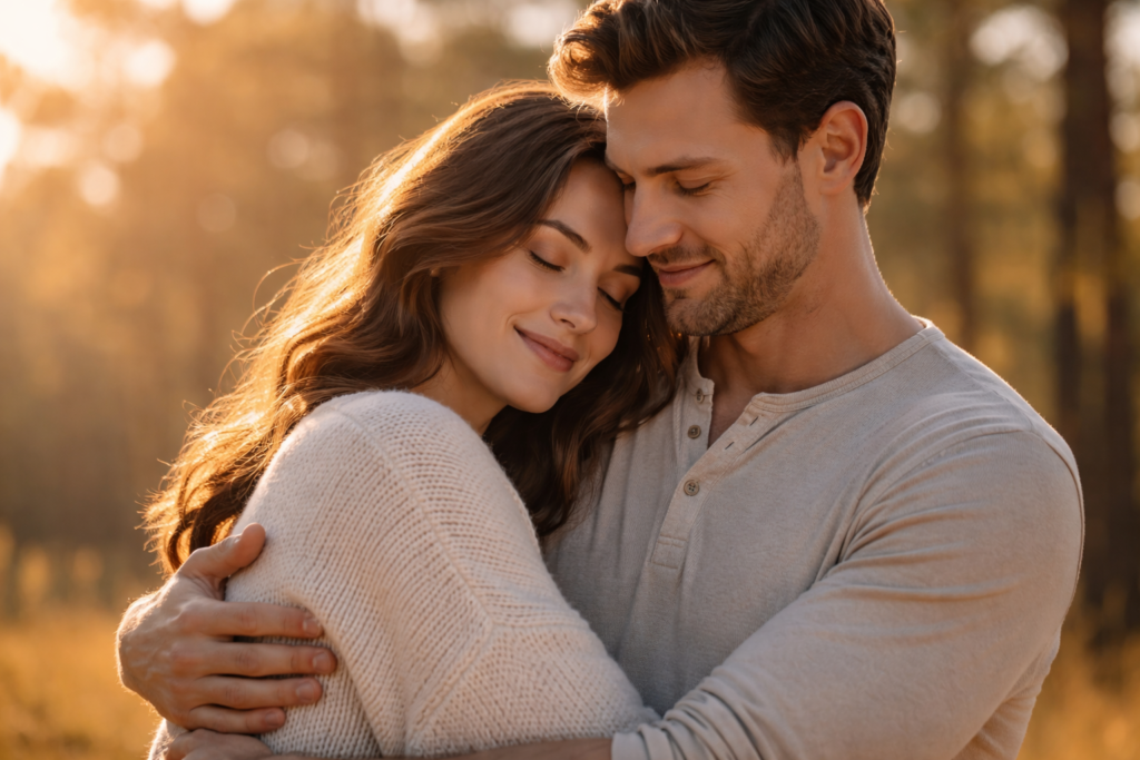 Pareja abrazándose con serenidad al atardecer, simbolizando un amor que ha aprendido a quedarse