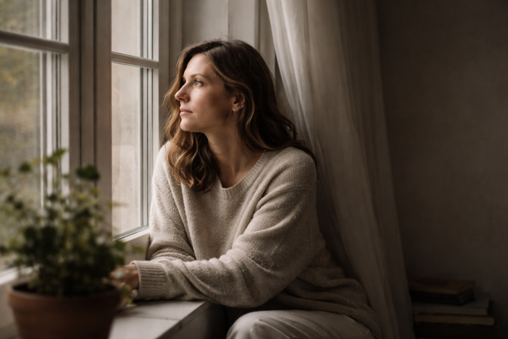 Mujer en un momento de reflexión junto a una ventana escuchando su mundo interior