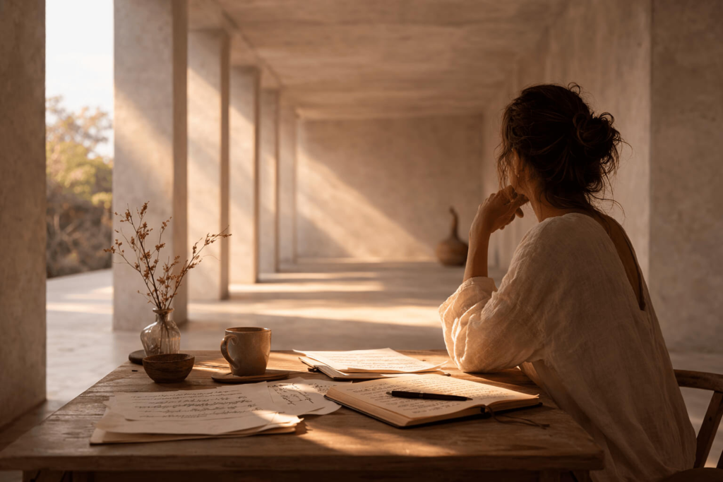 Mujer de espaldas observando un paisaje natural con luz suave, imagen simbólica del proceso de conciencia personal en Amazonas.