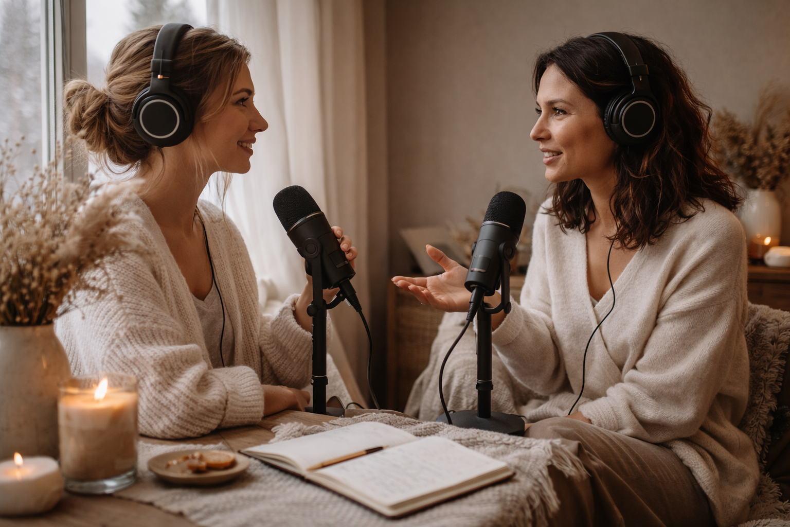 Dos mujeres sentadas frente a frente grabando un podcast con micrófonos y auriculares, en un espacio cálido con luz natural, cuadernos de notas y velas, transmitiendo una atmósfera tranquila y reflexiva.