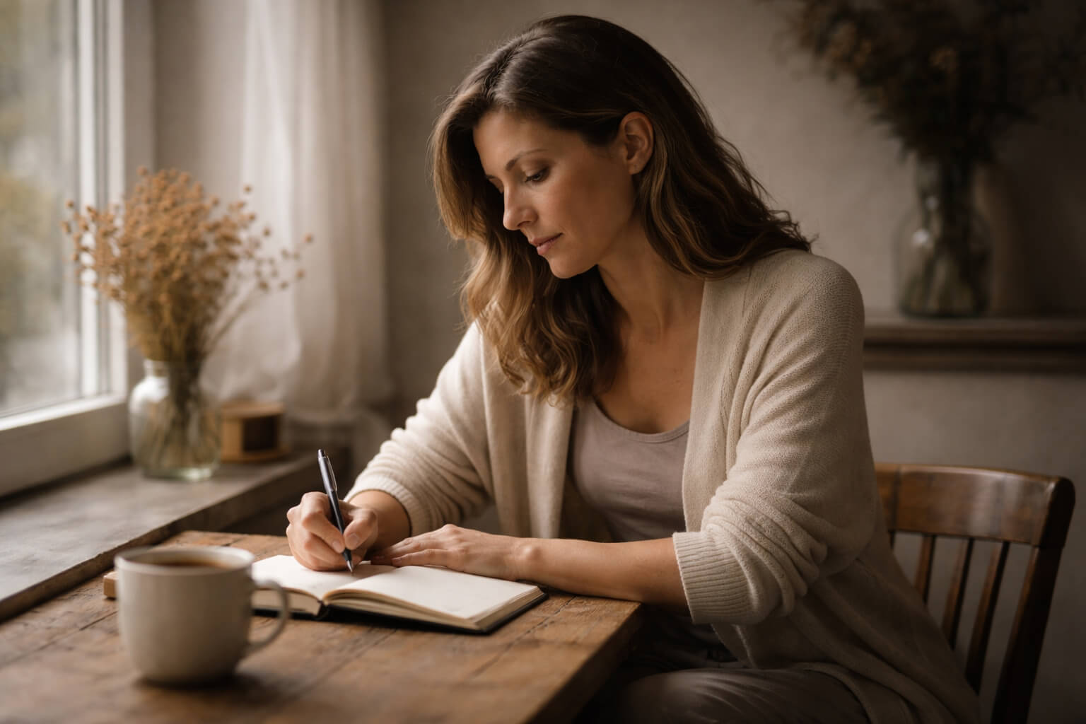 Mujer escribiendo en un cuaderno en un momento de reflexión personal y conciencia interior