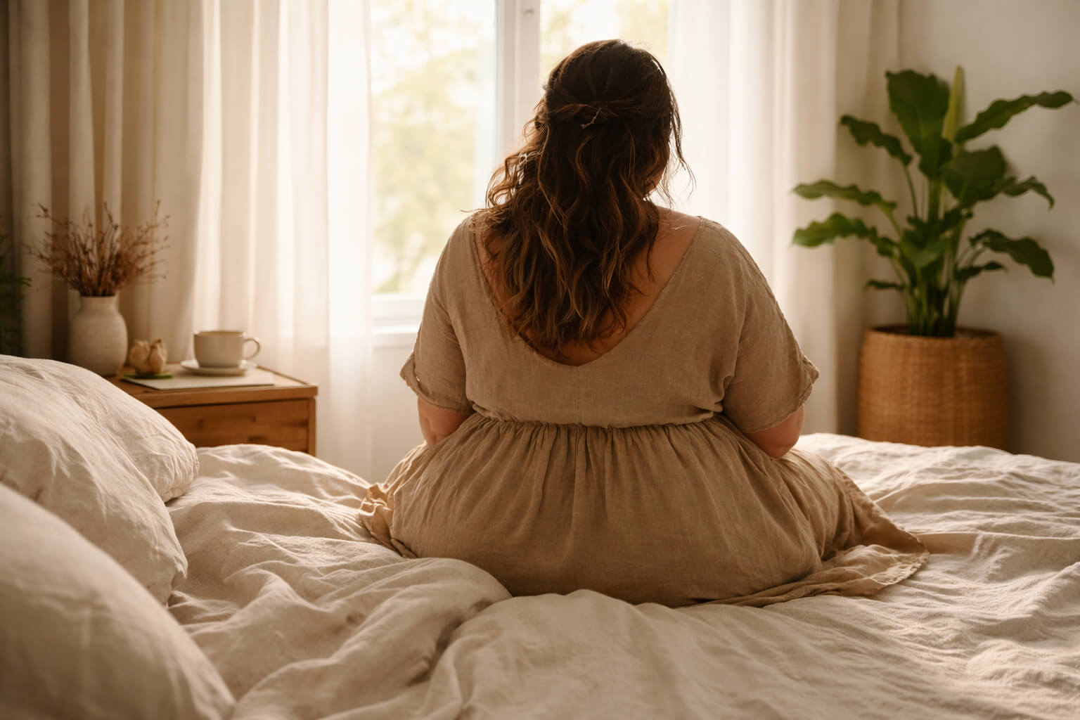 Mujer de cuerpo grande sentada de espaldas en una cama con sábanas de lino, mirando la luz de la mañana que entra por la ventana en una habitación tranquila.