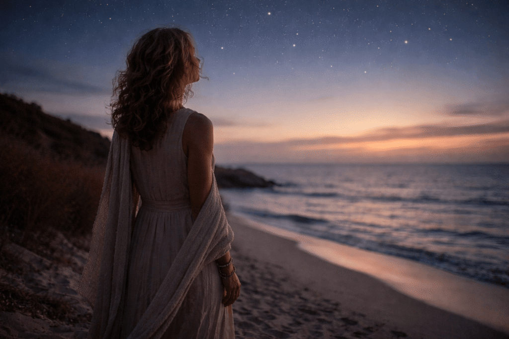 mujer mirando el horizonte bajo el cielo estrellado en un proceso de cambio interior