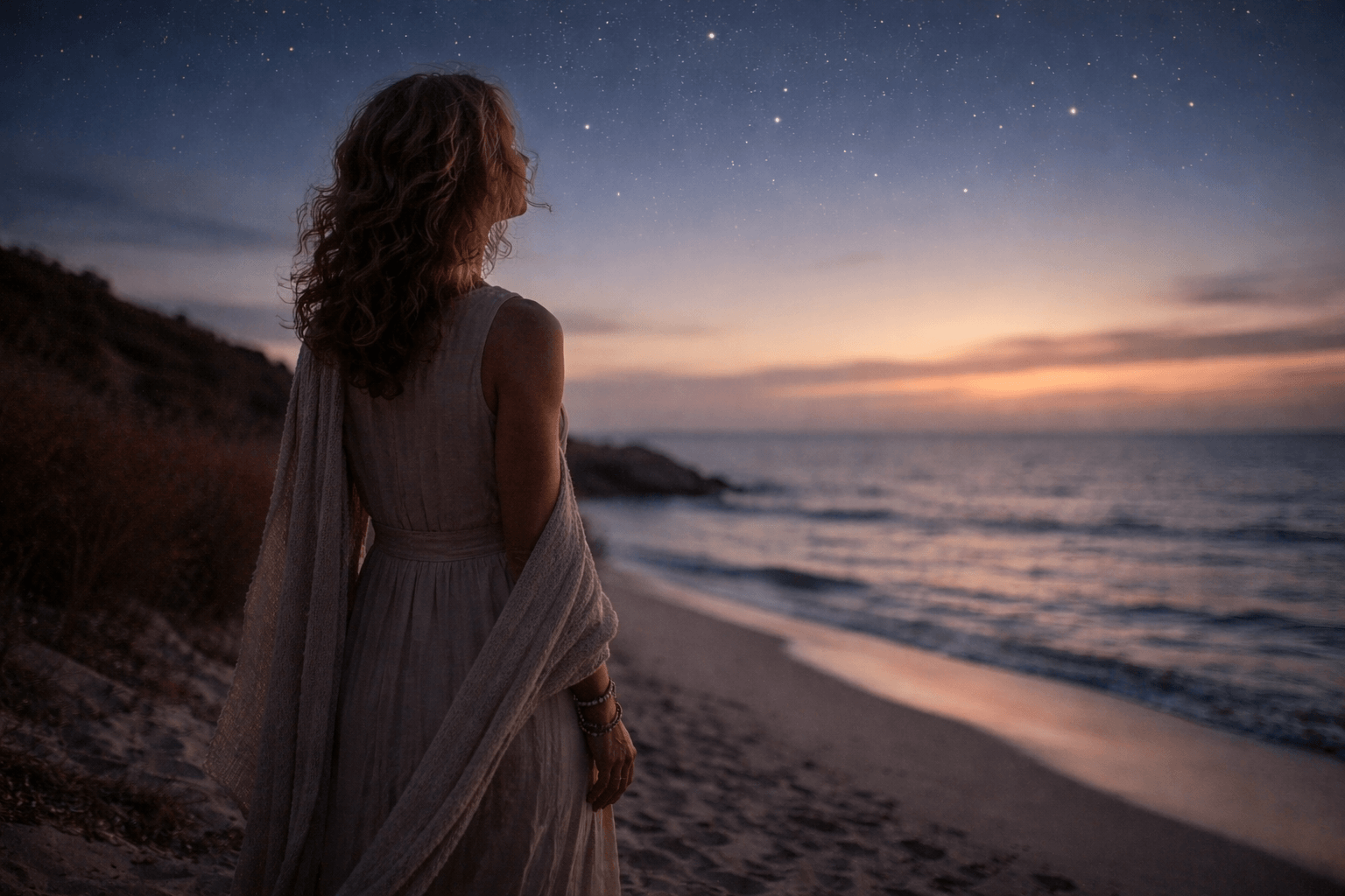 mujer mirando el horizonte bajo el cielo estrellado en un proceso de cambio interior