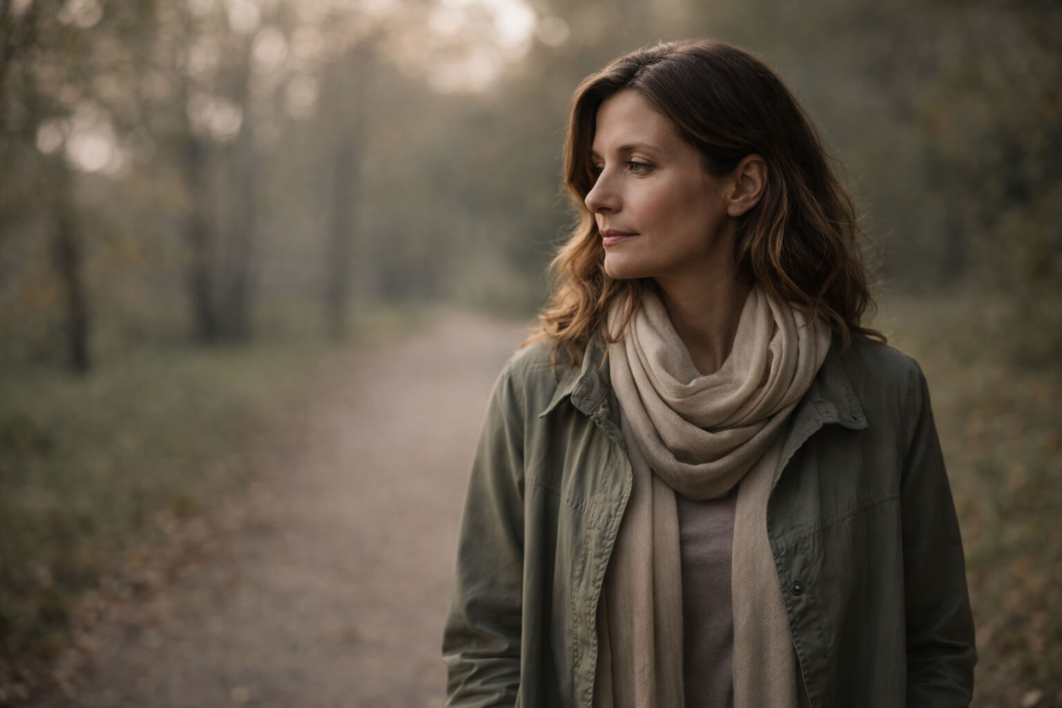 Mujer caminando en un parque en un momento de introspección y conexión consigo misma