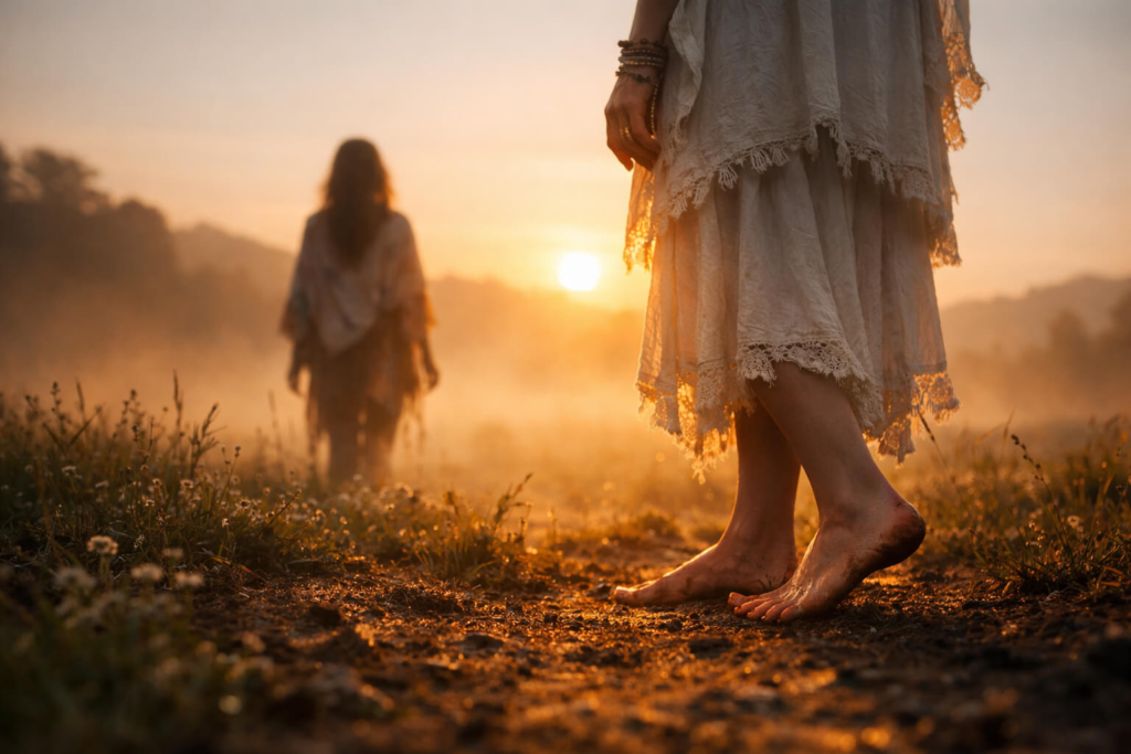 Mujer descalza pisando la tierra al amanecer, envuelta en luz dorada, conectando con la naturaleza en un campo abierto.