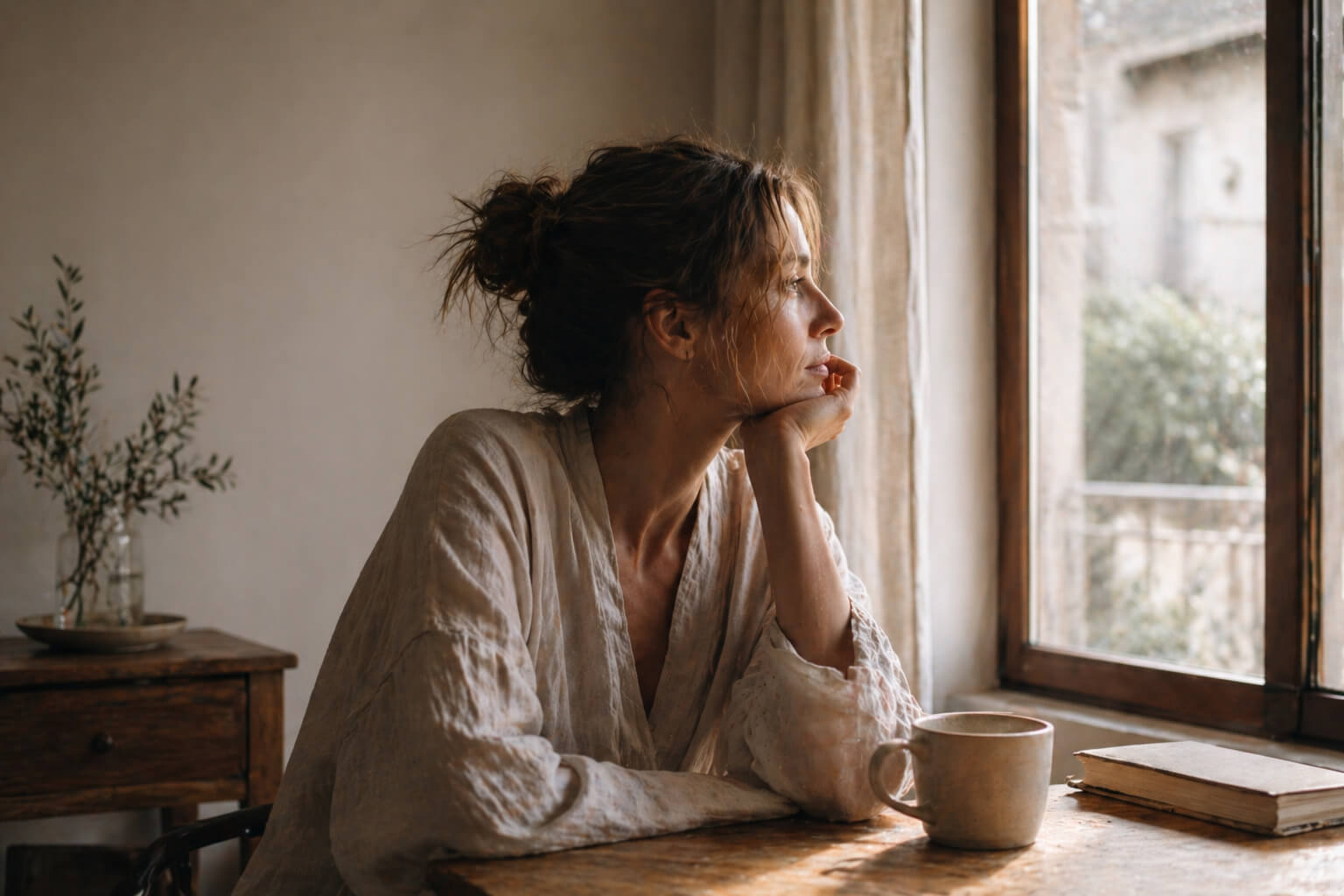 mujer adulta en luz natural mirando por la ventana con una taza en las manos, momento introspectivo y calmado