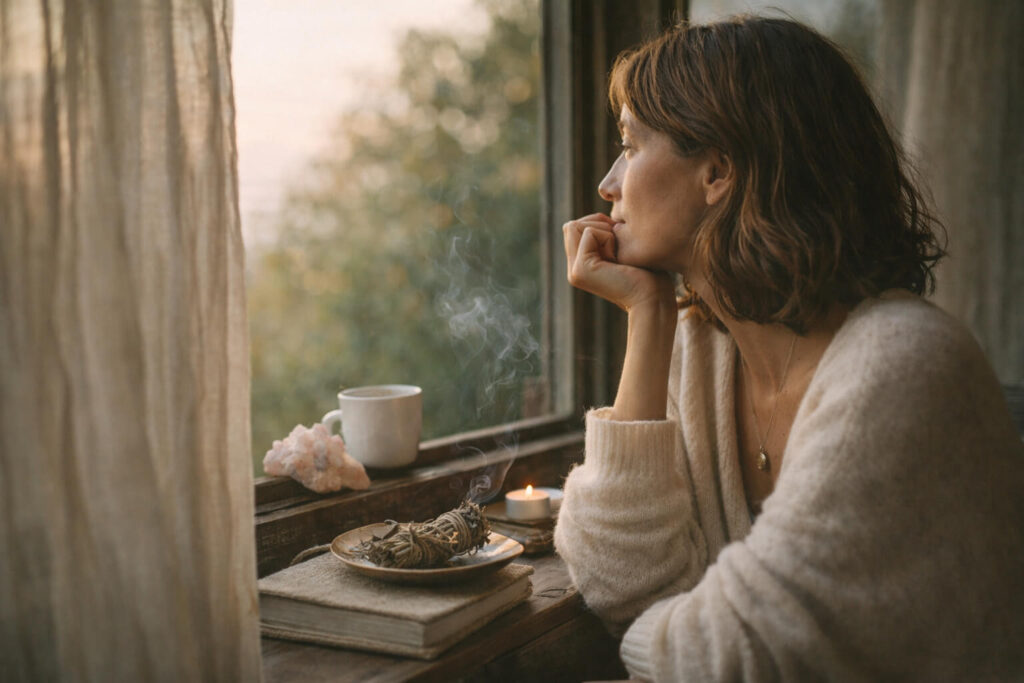 Mujer en pausa contemplativa junto a una ventana con luz cálida de tarde, en un momento de calma y reflexión personal.