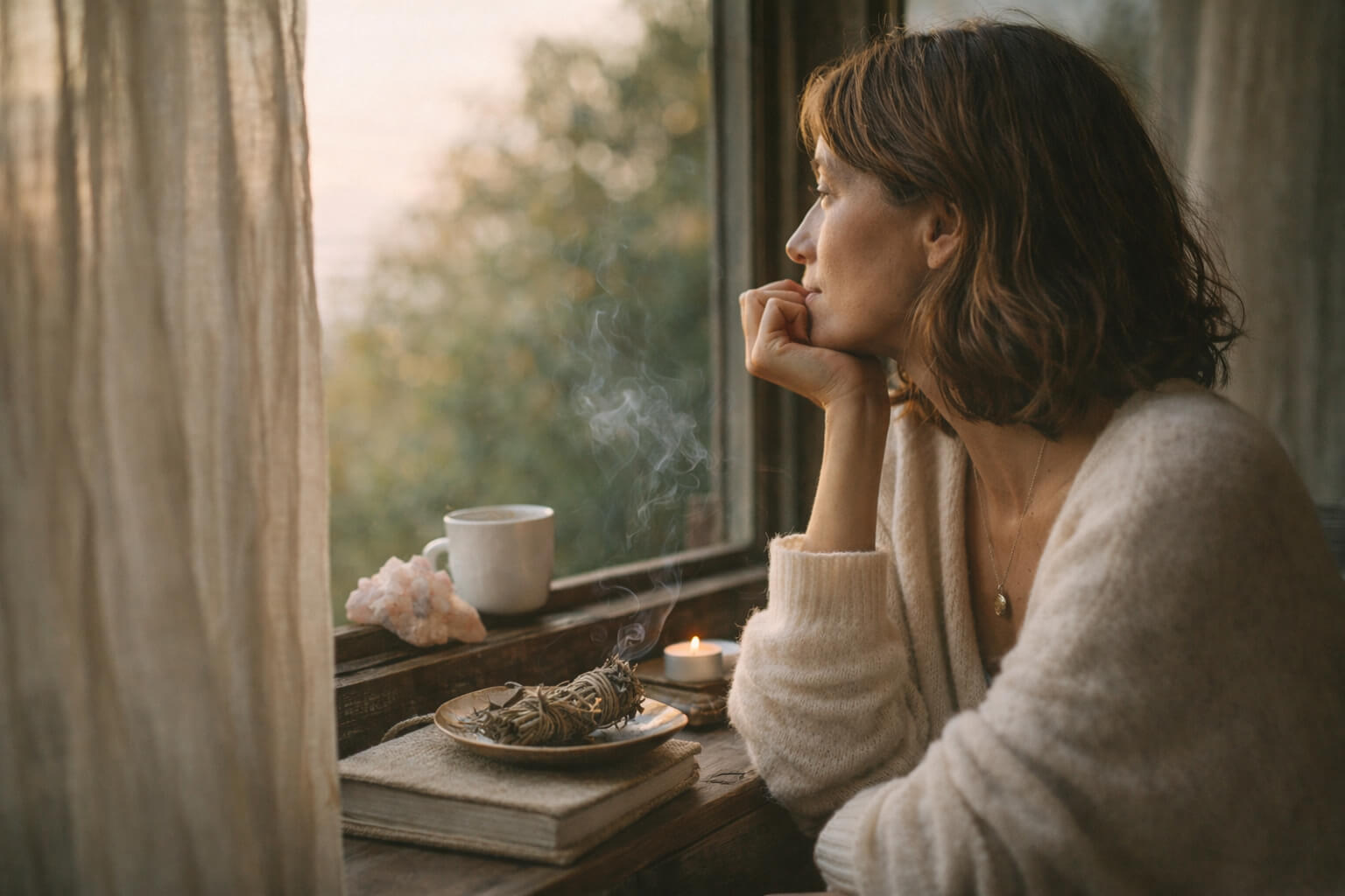 Mujer en pausa contemplativa junto a una ventana con luz cálida de tarde, en un momento de calma y reflexión personal.