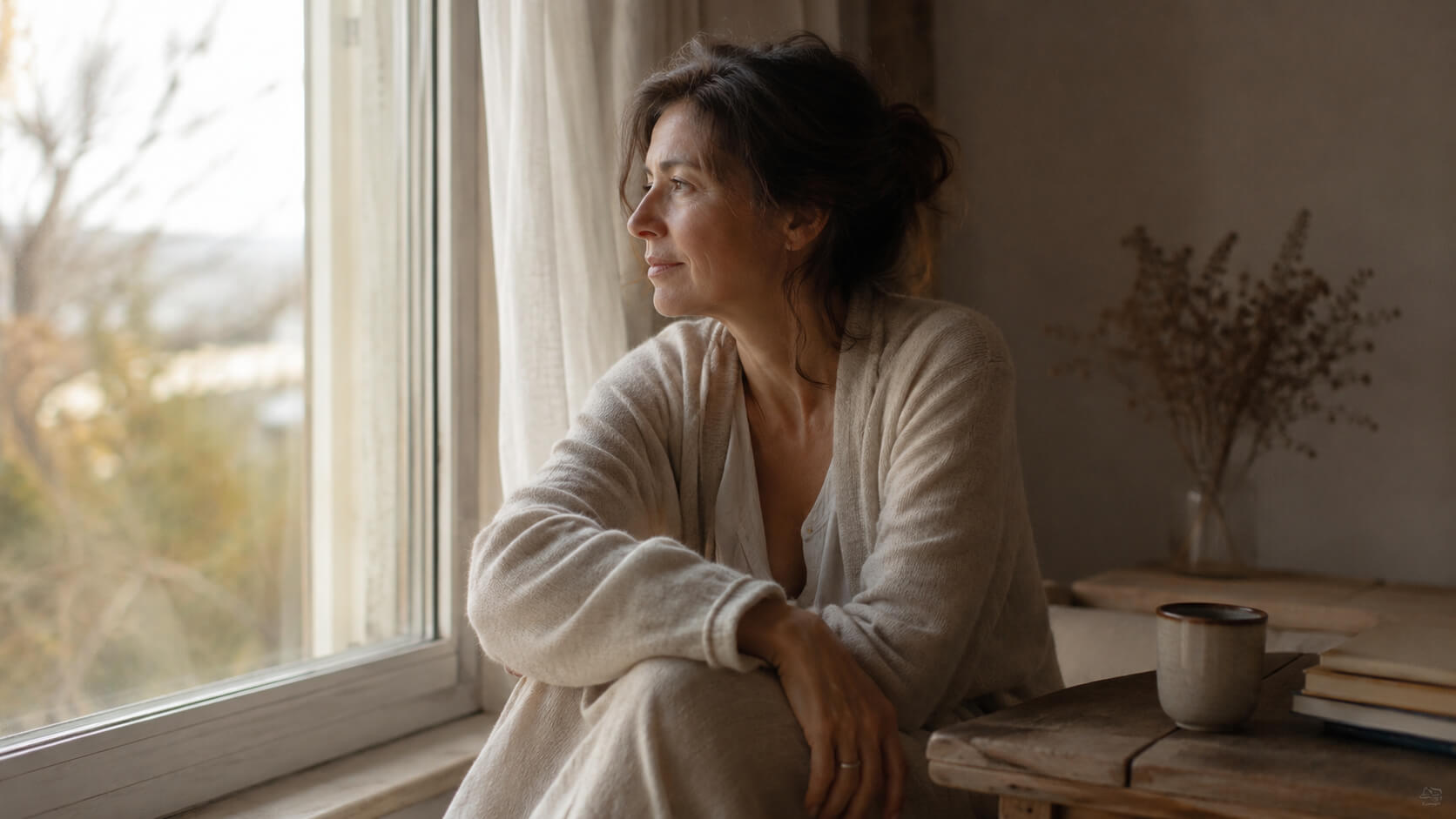 Mujer adulta sentada junto a una ventana en silencio, luz cálida de tarde y atmósfera íntima contemplativa.