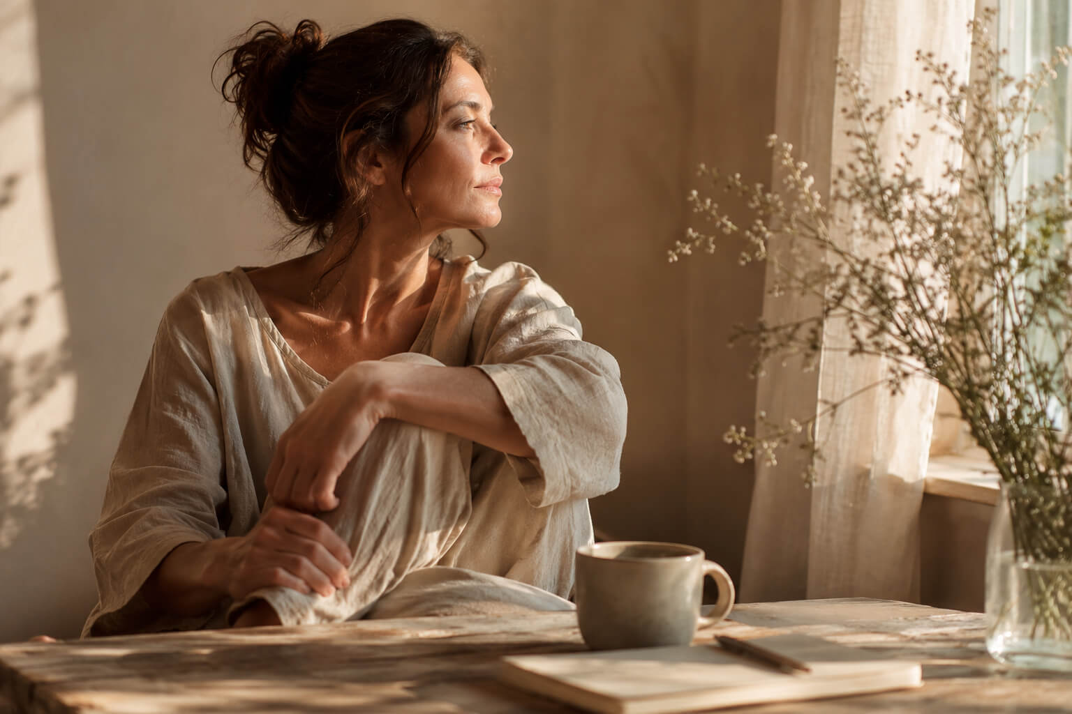 Mujer sentada junto a una ventana iluminada por luz natural, en un momento de calma y reflexión, conectando con su cuerpo y sus ritmos interiores.