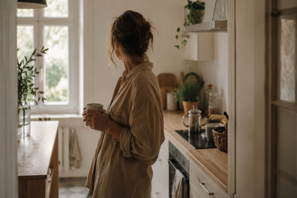 Mujer de espaldas sosteniendo una taza en una cocina iluminada por luz natural, observando la ventana en un momento de pausa y reflexión.