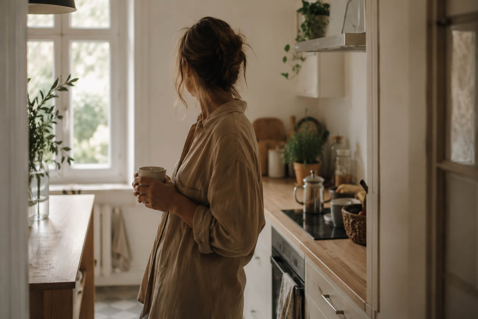 Mujer de espaldas sosteniendo una taza en una cocina iluminada por luz natural, observando la ventana en un momento de pausa y reflexión.