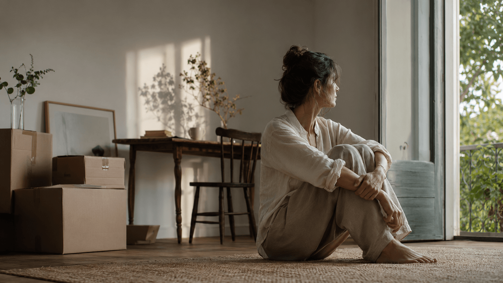 Mujer sentada en el suelo de una casa recién habitada, rodeada de cajas de mudanza, contemplando la luz que entra por una ventana en un momento de calma y reflexión.