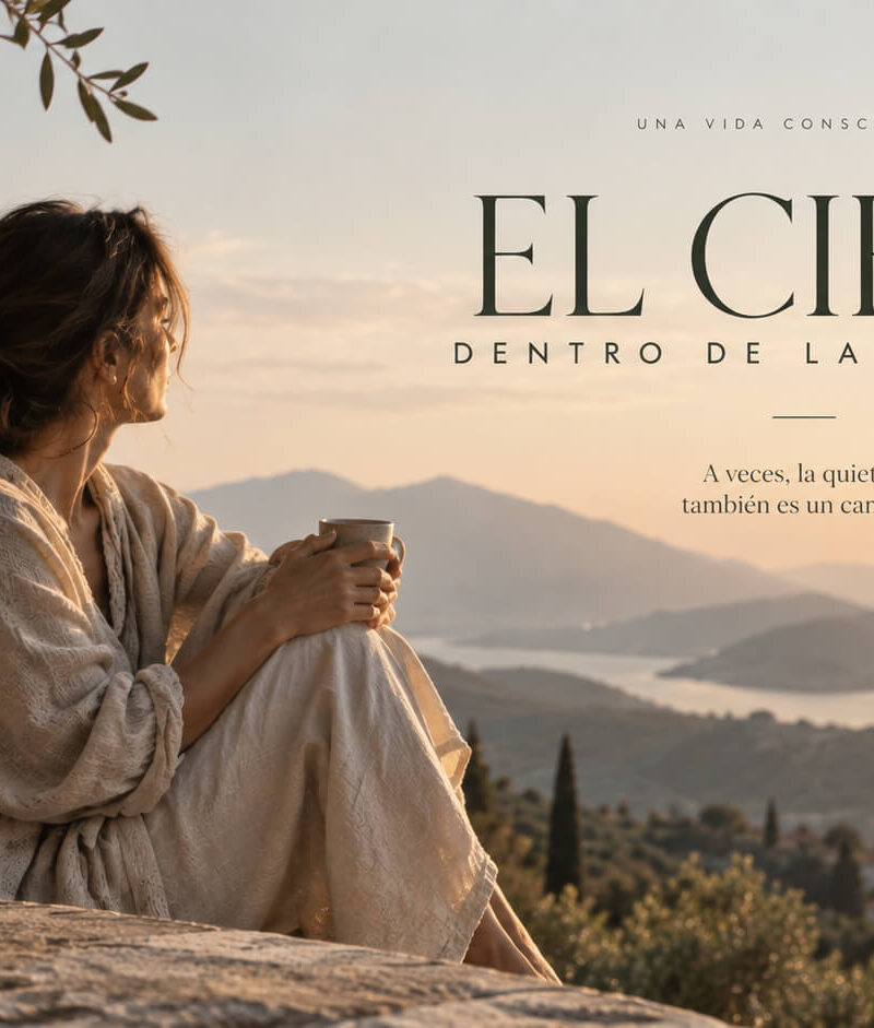 Mujer contemplando en silencio un paisaje de montañas al atardecer, en un momento de quietud.