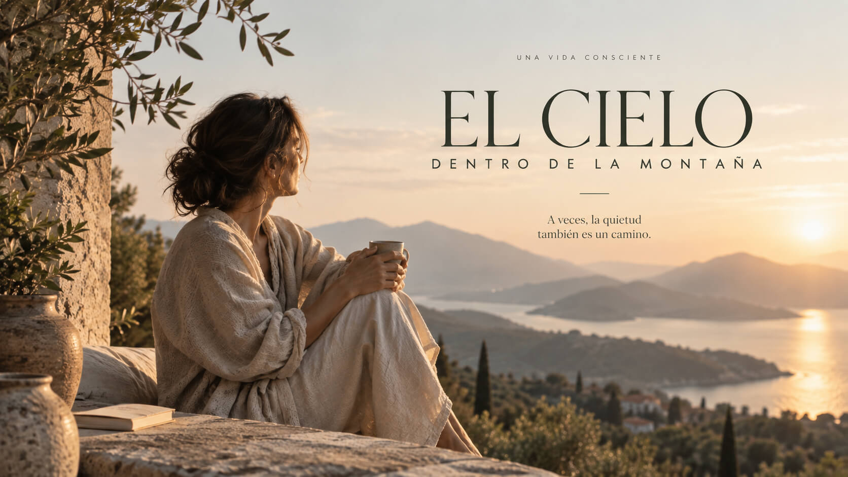 Mujer contemplando en silencio un paisaje de montañas al atardecer, en un momento de quietud.