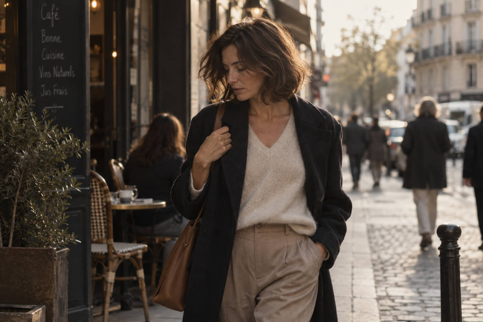 Mujer caminando sola por una calle después de salir de un café
