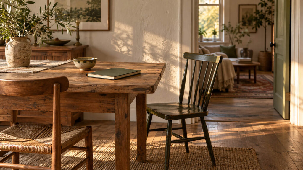 Dos sillas diferentes junto a una mesa de madera con un cuaderno y un cuenco, iluminadas por la luz de la tarde.